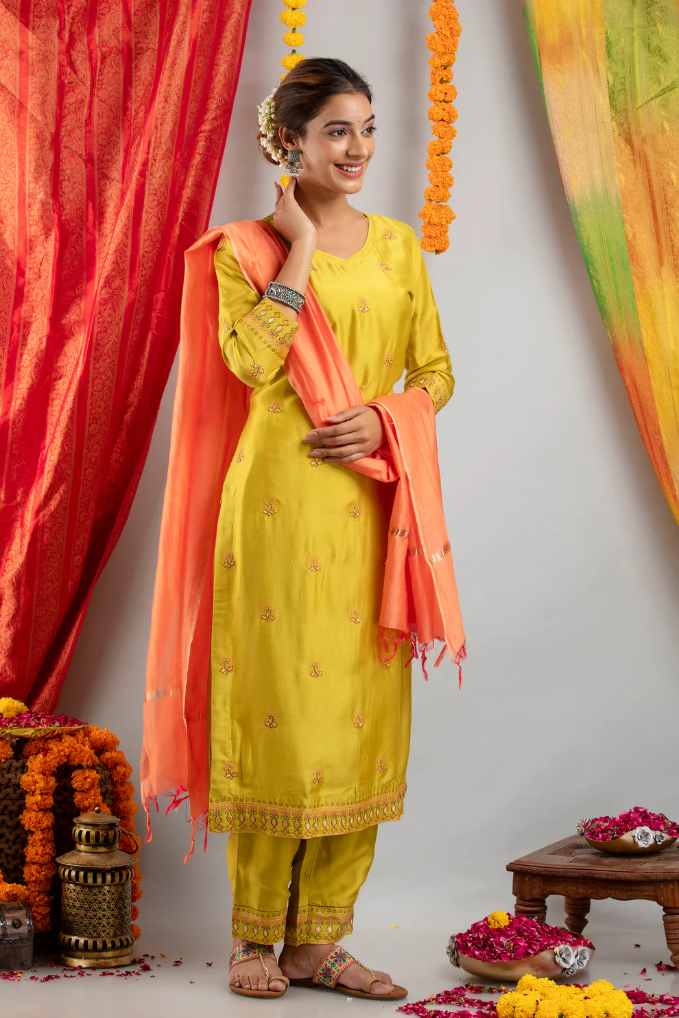 Lime Yellow Silk Embroidered Festive Kurti Set