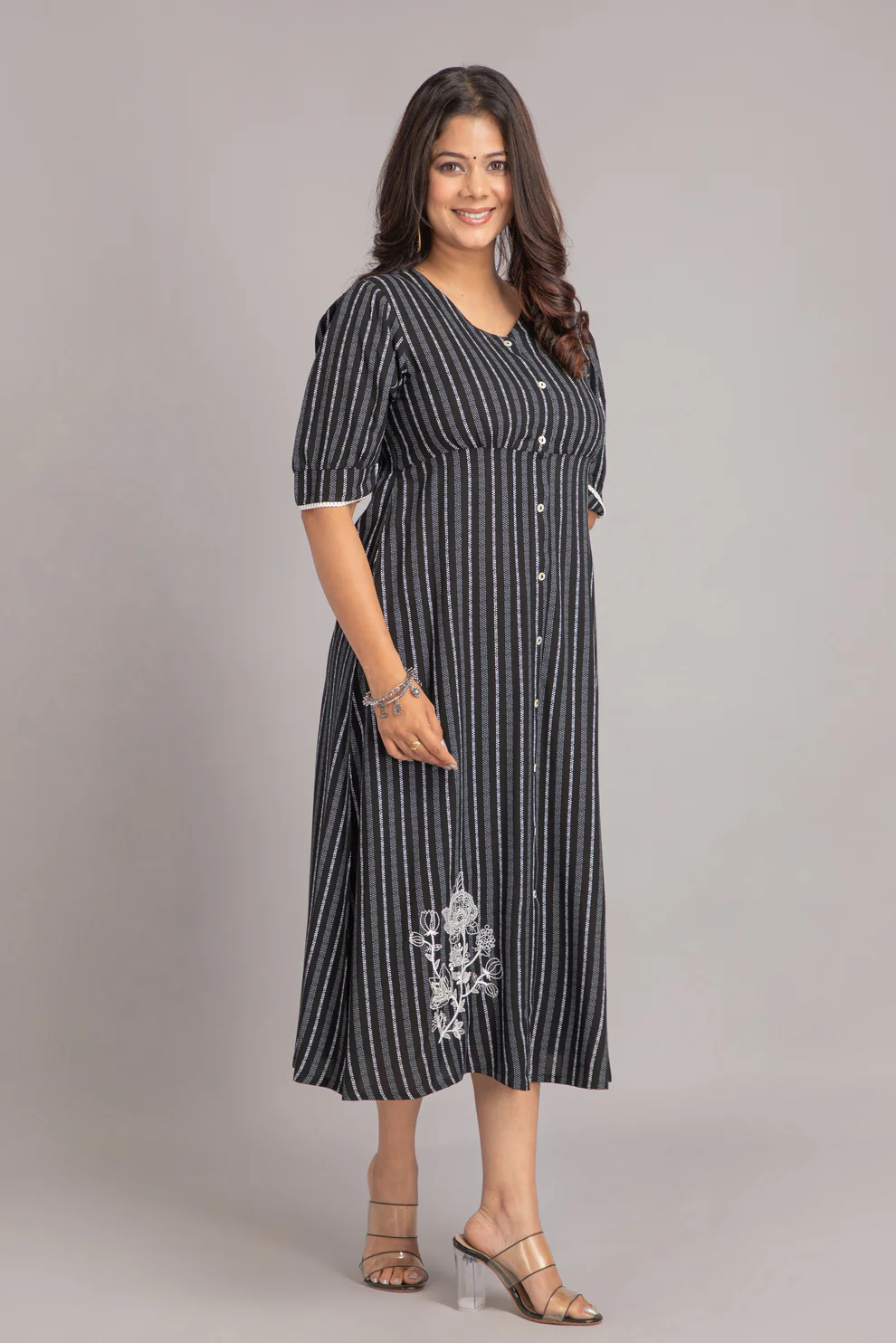 Black White Stripe Floral Embroidered A-Line Kurti
