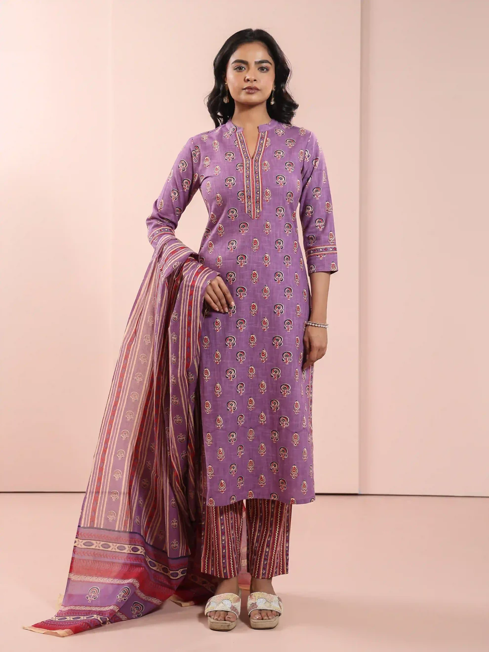 Lavender Ajrakh Butti Mandarin Kurti Set