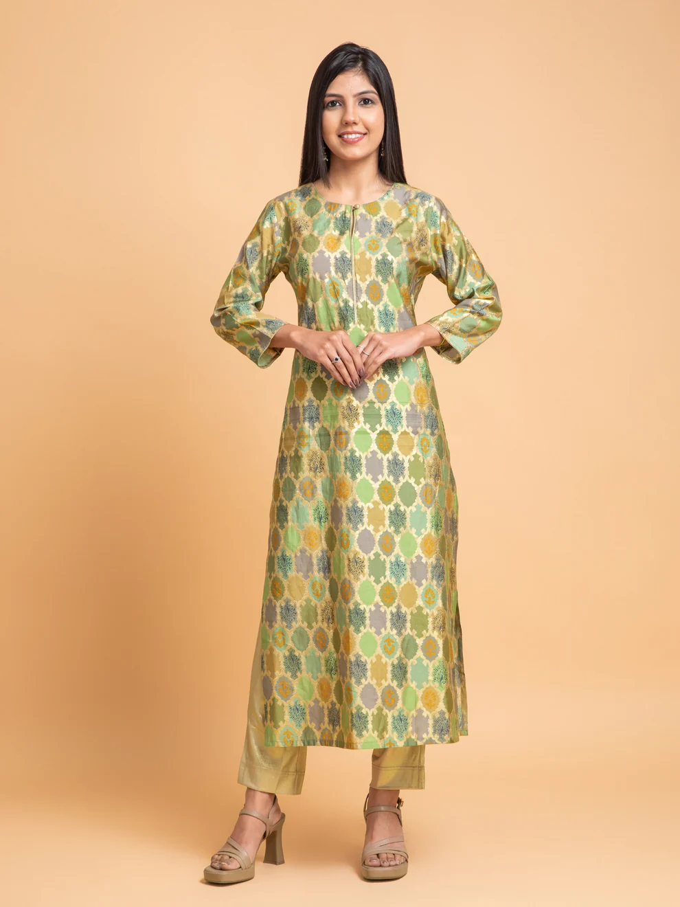 Pista Green Banarasi Brocade Straight Kurti