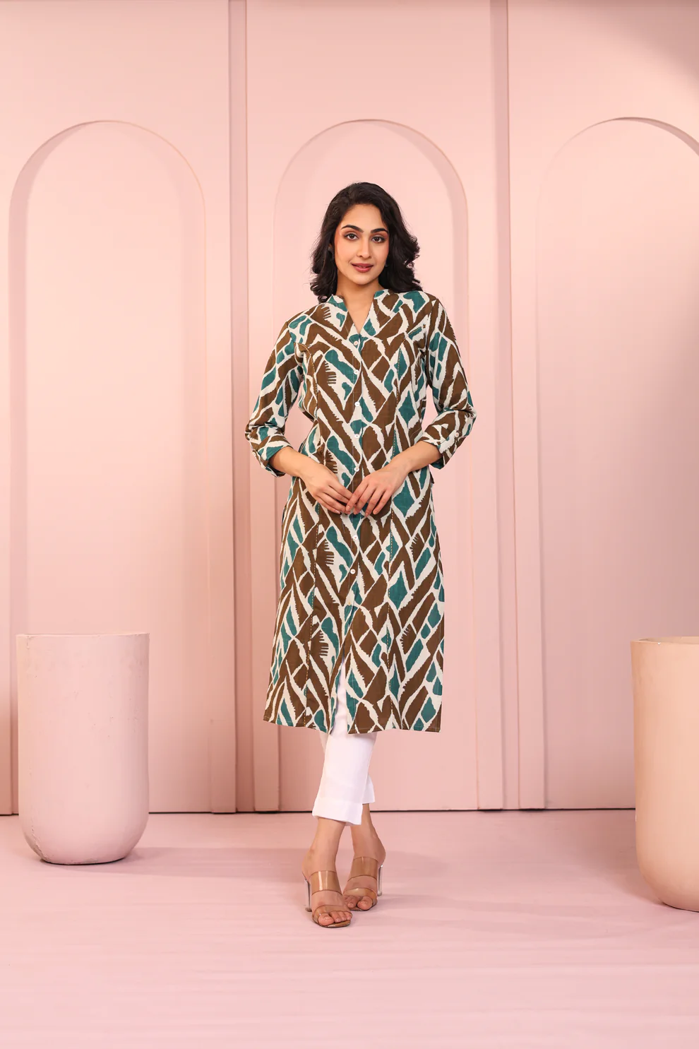 Teal Brown Abstract Print V-Neck Kurti