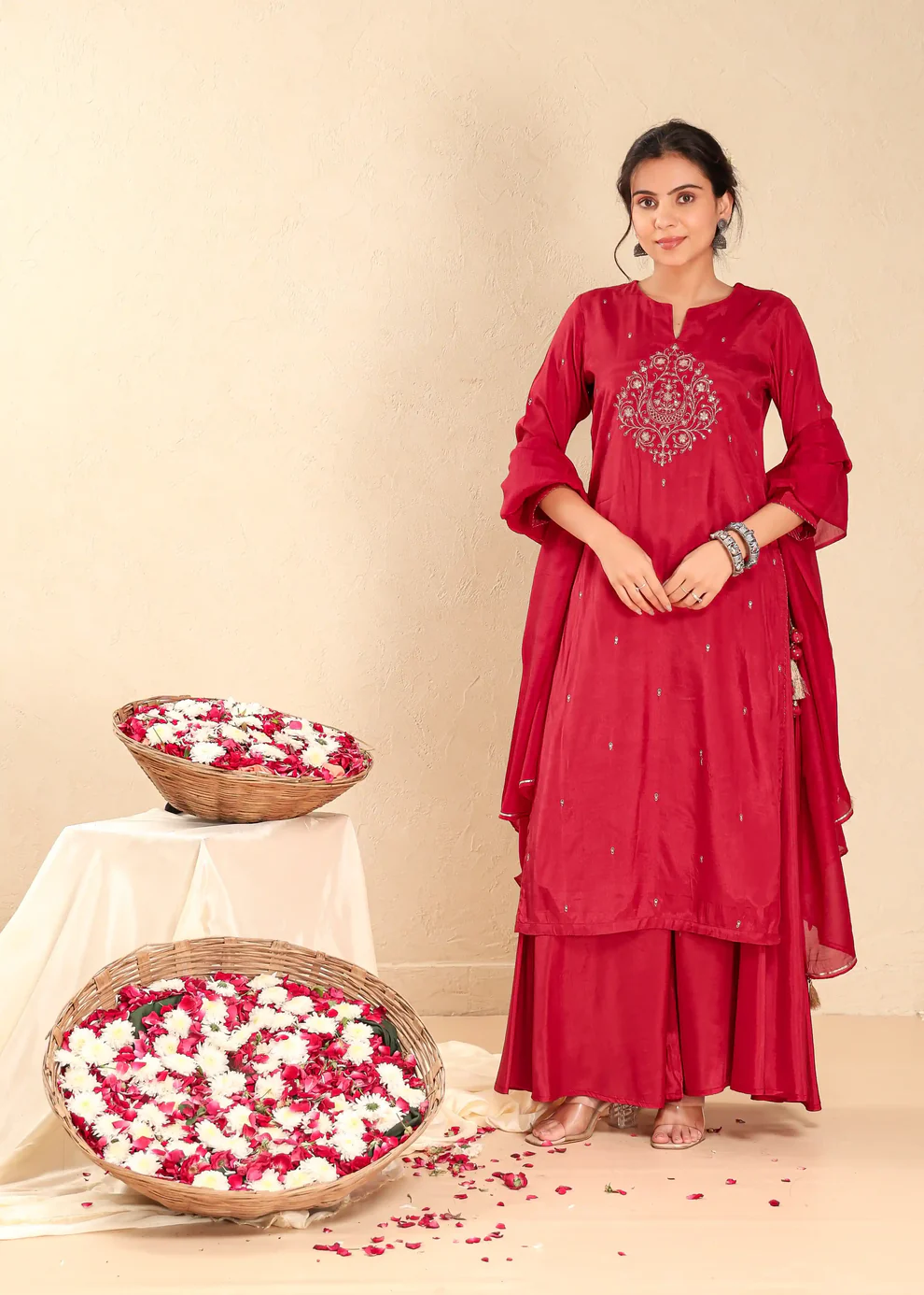 Crimson Zari Motif Flared Kurti Set