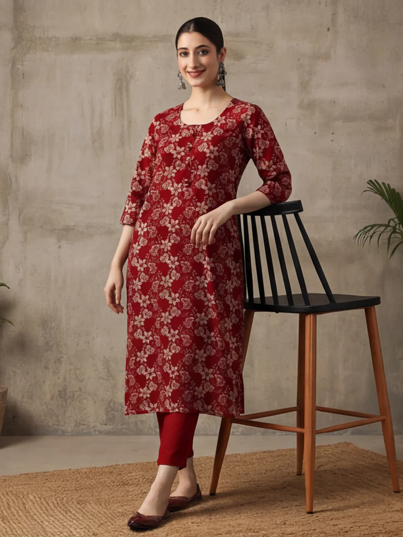 Red Floral Print Round-Neck Kurti Set