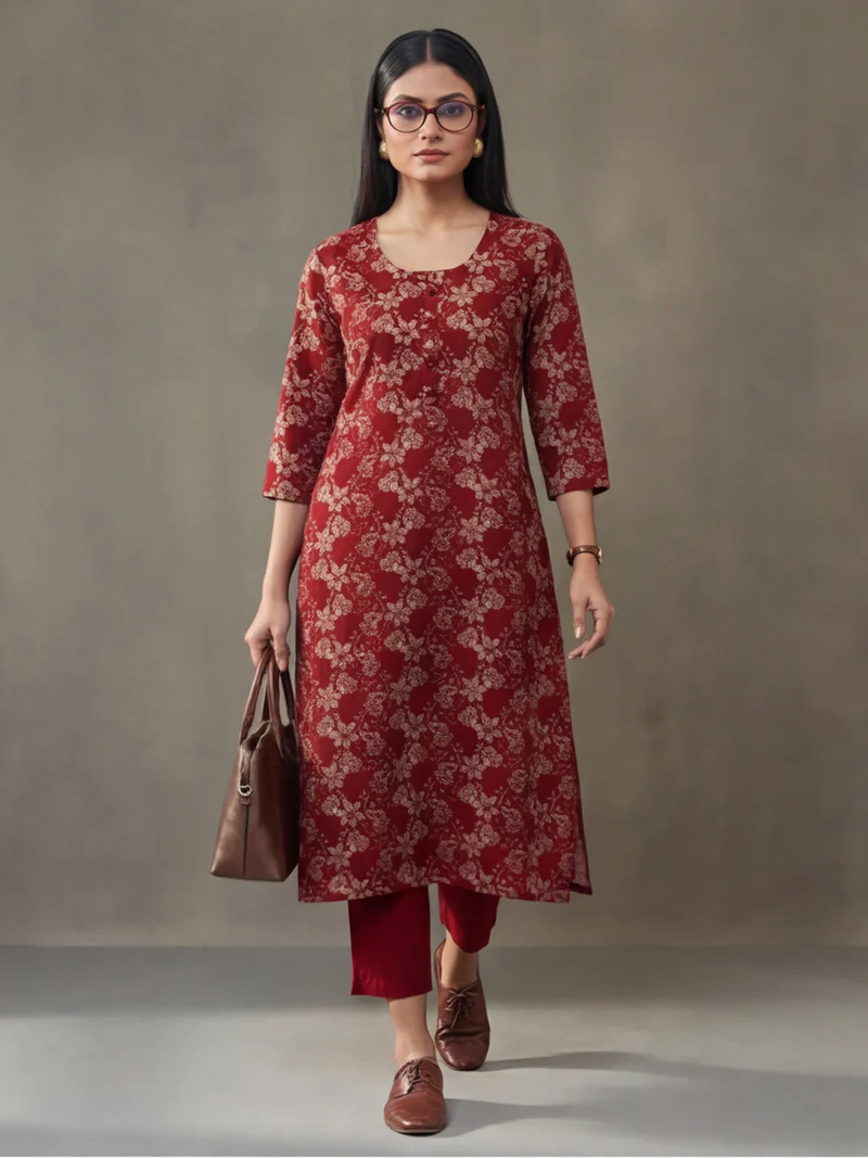 Red Jacobean Floral Print Straight Kurti Set