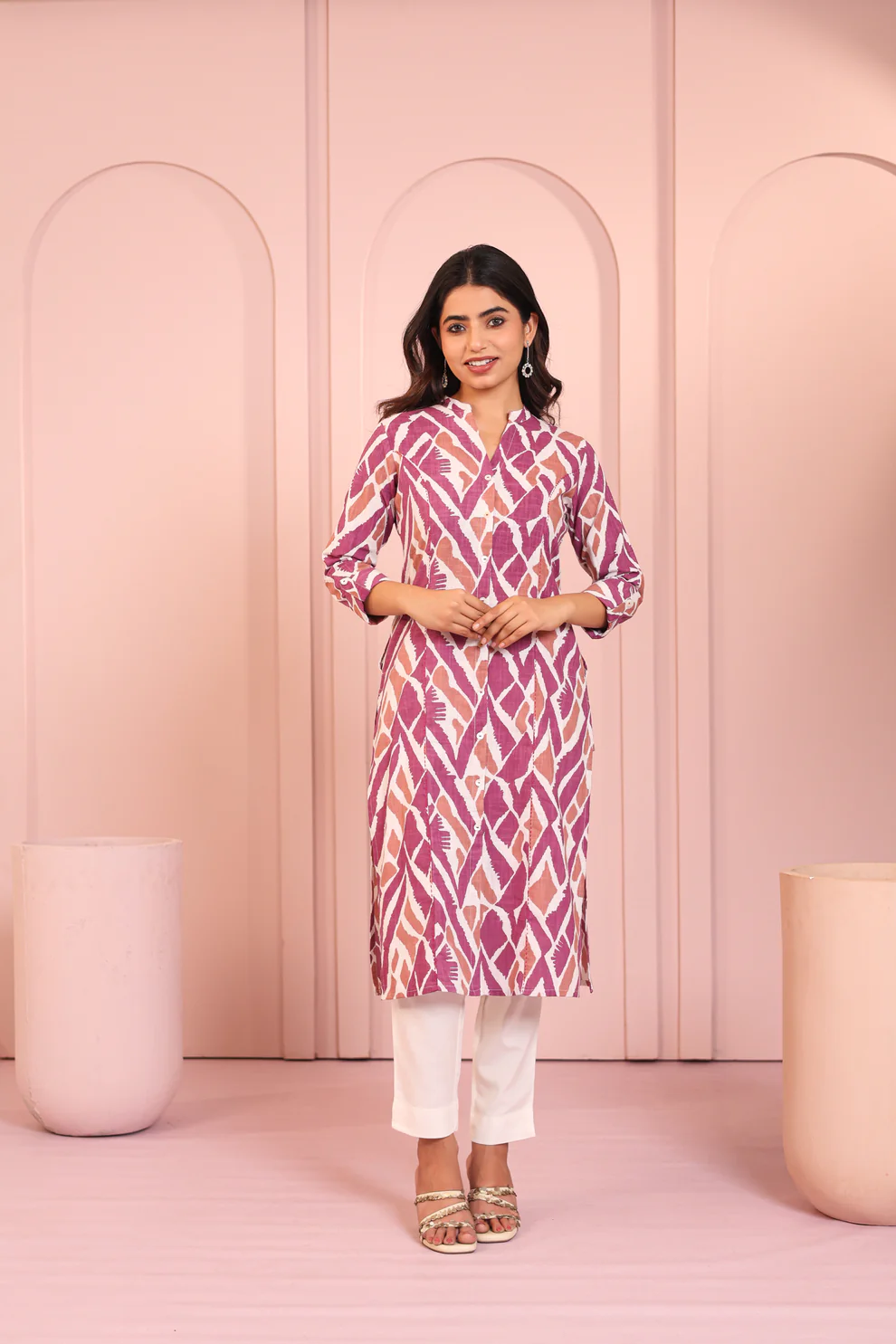 Plum Abstract Block Print Mandarin Kurti