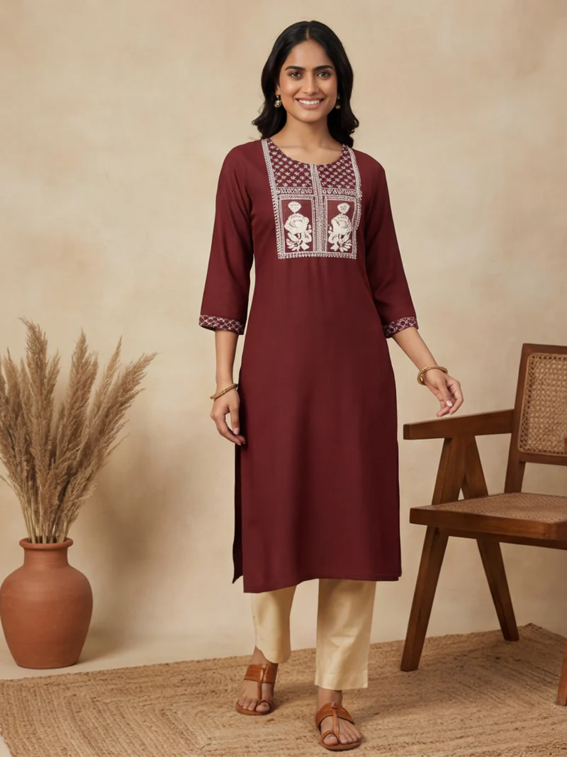 Maroon Heritage Embroidered Long Kurti Set